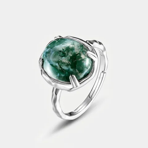 Vintage S925 Sterling Silver Green Moss Agate Ring For Women Four Prong Setting Natural Agate Adjustable Open Finger Ring