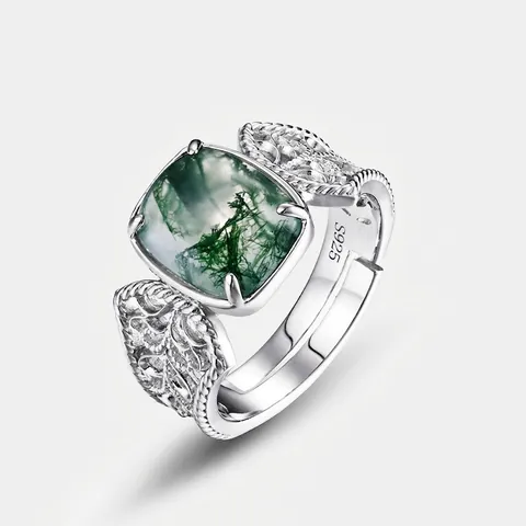 Vintage S925 Sterlingsilber Moosachat Ring Quadrat Natur Grün Edelstein Offen Verstellbar Blatt Filigran Schmuck Für Damen