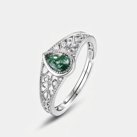 Vintage S925 Sterling Silver Moss Agate Open Adjustable Ring For Women Retro Filigree Water Drop Green Stone Jewelry