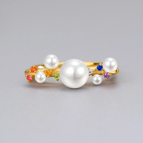 925 Sterling Silver 10K Gold Plated Artificial Pearl Ring For Women Multicolor Zirconia Inlaid Fashion Minimalist Jewelry Gift