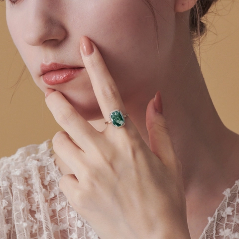 Vintage 925 Sterling Silver Moss Agate Open Ring For Women Natural Green Stone Adjustable Geometric Finger Ring Jewelry