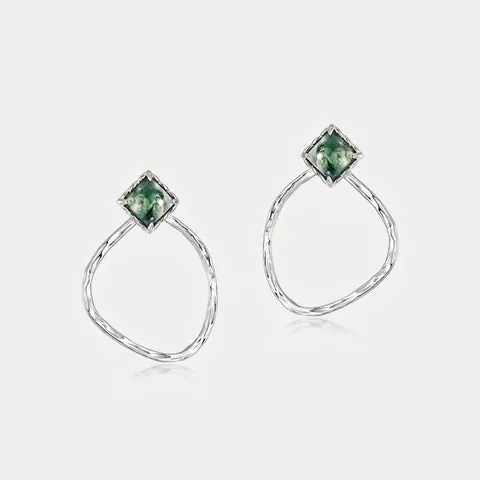 S925 Sterling Silver Natural Moss Agate Detachable Drop Earrings For Women Geometric Square Green Stone Stud Earrings Jewelry