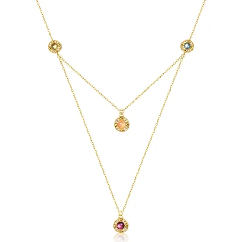 Collana a Doppio Strato in Argento Sterling 925 Placcato Oro 10K con Pendente Rotondo in Strass e Gemme Colorate Gioielli