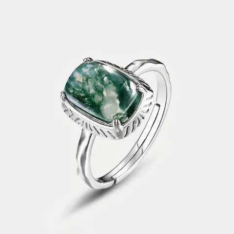 Vintage 925 Sterling Silver Moss Agate Open Ring For Women Natural Green Stone Adjustable Geometric Finger Ring Jewelry