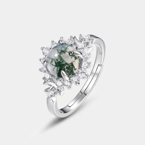 Vintage S925 Sterlingsilber Natur Moosachat Sonnenblume Verstellbarer Ring Zirkonia Eingelegt Boho Schmuck Für Damen
