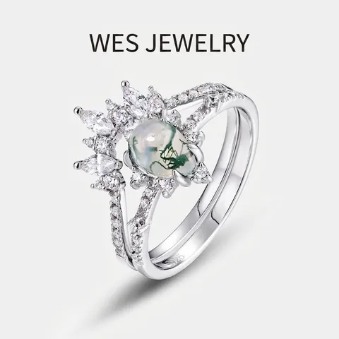Vintage 925 Sterling Zilveren Peervormige Mosagaat Ring Set Voor Dames Luxe Kroon Strass Stapelbare Vingerring Sieraden