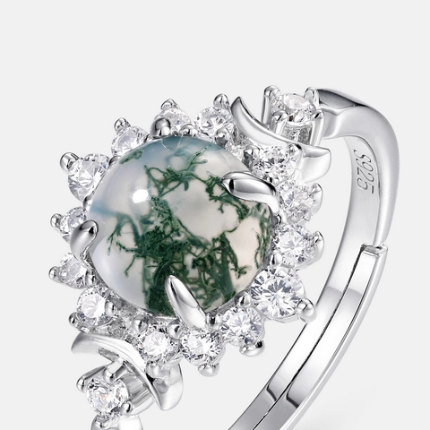 Vintage S925 Sterlingsilber Natur Moosachat Sonnenblume Verstellbarer Ring Zirkonia Eingelegt Boho Schmuck Für Damen
