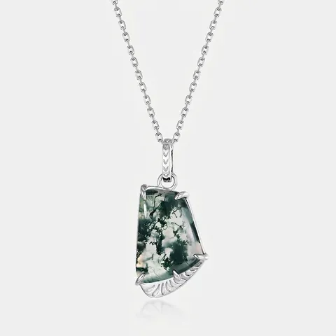 Collana con Ciondolo in Agata Muschiata in Argento Sterling 925 per Donna Agata d'Erba d'Acqua Geometrica Intarsiata Gioielli Raffinati Regalo di Lusso Leggero