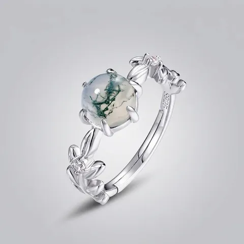 Vintage S925 Sterling Silver Moss Agate Ring Leaf Design Green Gemstone Adjustable Open Finger Ring Women Jewelry Gift