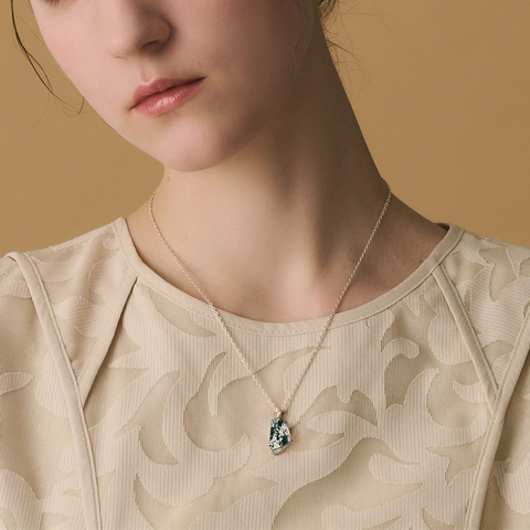 Natural Moss Agate Geometric Pendant Necklace For Women 925 Sterling Silver Leaf Design Water Grass Agate Fine Jewelry Commute Gift