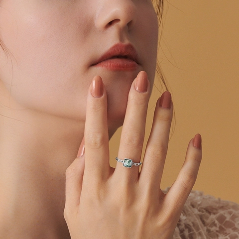 Vintage Square Natural Moss Agate Open Ring 925 Silver Plated Rhinestone Adjustable Green Stone Geometric Jewelry For Women
