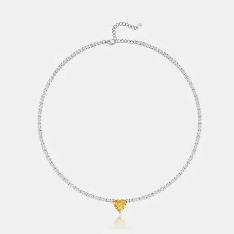Collar de Plata de Ley S925 Con Colgante de Corazón y Circonita Amarilla para Mujer Cadena de Tenis de Pavé Completo Joyería de Lujo