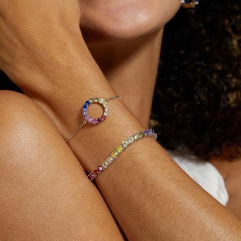 Pulsera de Plata de Ley S925 Círculo Arco Iris Circonia Colorida Joyería de Cadena Ajustable Para Mujer Regalo Elegante