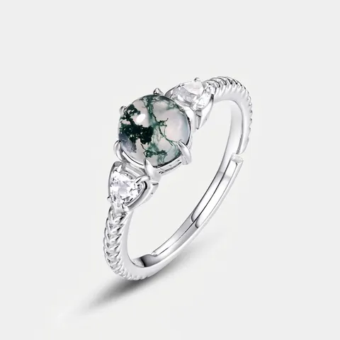 Vintage S925 Sterlingsilber Moosachat Ring Für Damen Verstellbarer Offener Ring Geflochtenes Design Strass Besetzter Schmuck
