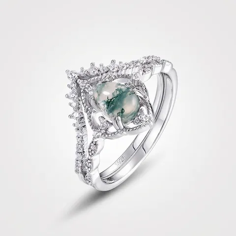 Vintage S925 Sterling Silver Moss Agate Pear Shaped Ring For Women Natural Water Grass Agate Inlaid Rhinestone Stackable Jewelry