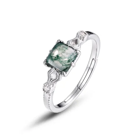Vintage Square Natural Moss Agate Open Ring 925 Silver Plated Rhinestone Adjustable Green Stone Geometric Jewelry For Women