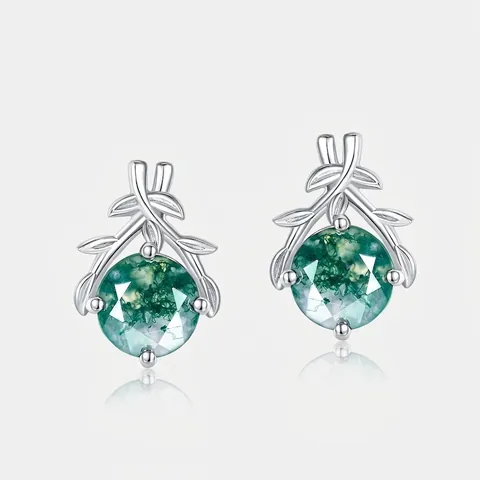 925 Sterling Silver Natural Green Moss Agate Stud Earrings For Women Botanical Branch Leaf Design Elegant Fashion Jewelry