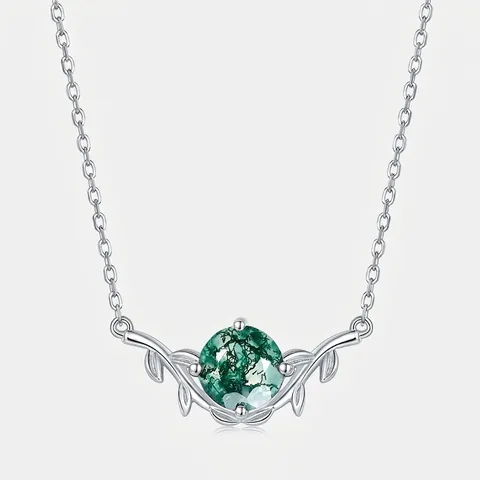 Collana in Argento Sterling 925 con Pendente in Agata Muschiata Foglia Verde Pietra Naturale Gioielli Retrò da Donna
