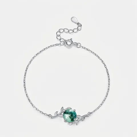 Bracelet en Argent Sterling 925 avec Agate Mousse pour Femmes Vintage Agate Verte Pierre Ronde Design Feuille Vigne Bijoux Cadeau