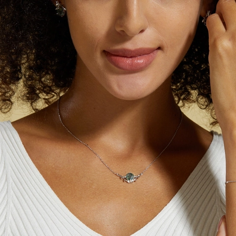 Collana in Argento Sterling 925 con Pendente in Agata Muschiata Foglia Verde Pietra Naturale Gioielli Retrò da Donna