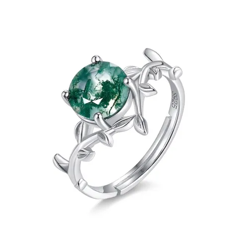 S925 Sterling Zilver Mosagaat Verstelbare Open Ring Voor Dames Vintage Natuurlijke Groene Steen Wijnstok Blad Tak Ontwerp Sieraden