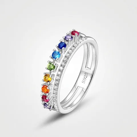 S925 Sterling Silver Rainbow Gradient Zirconia Ring For Women Double Layer Round Inlaid Fashion Hip Hop Ring Jewelry Gift