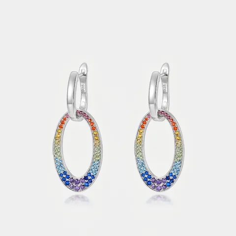 Orecchini a Cerchio in Argento Sterling 925 Arcobaleno Zirconia Per Donna Geometrici Ovali Colorati Intarsiati Gioielli Moda