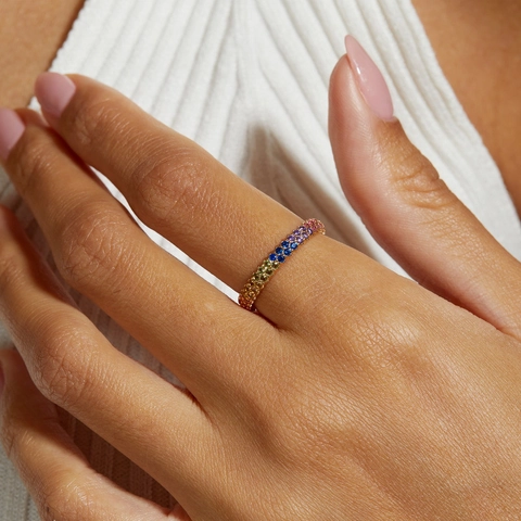 925 Sterling Zilveren Regenboog Zirconia Eternity Ring 10K Verguld Meerkleurige Edelsteen Band Ring Voor Vrouwen Sieraden Cadeau