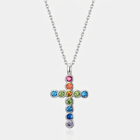 925 Sterling Silver Rainbow Zirconia Cross Pendant Necklace Multicolor Synthetic Gemstone Clavicle Chain For Women Fashion Jewelry