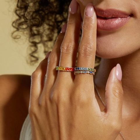 925 Sterling Silver Rainbow Zirconia Ring For Women Colorful Rectangular Cut Eternity Band Ring Fashion Jewelry