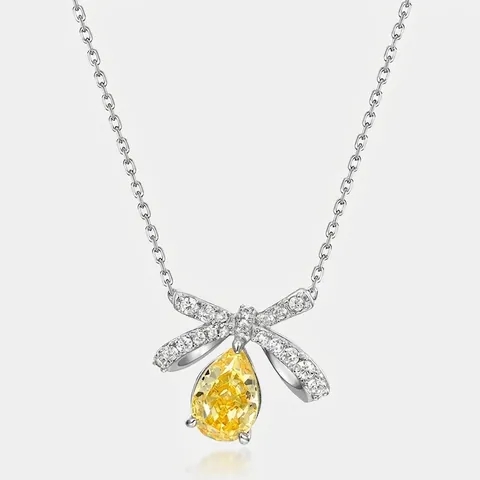 Collar con Colgante de Lazo de Plata de Ley 925 con Gema Amarilla y Diamantes de Imitación Cadena de Cable para Mujer Joyería de Lujo
