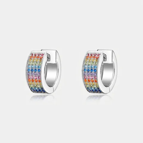 Boucles d'Oreilles Créoles en Argent Sterling 925 Zirconia Arc-en-Ciel Hip Hop Géométriques Quatre Rangs Pierres Colorées Incrustées