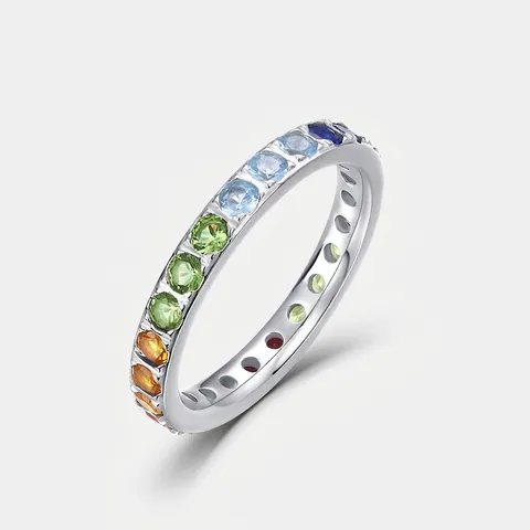 925 Sterling Zilveren Regenboog Zirconia Eternity Ring Kleurrijke Ronde Slijpvorm Sieraden Voor Dames