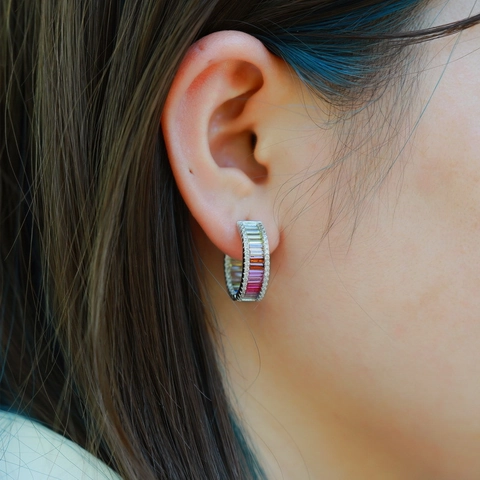 Regenboog Baguette Zirkonia Creolen Met 925 Sterling Zilveren Oorsteker Mode Sieraden Voor Dames