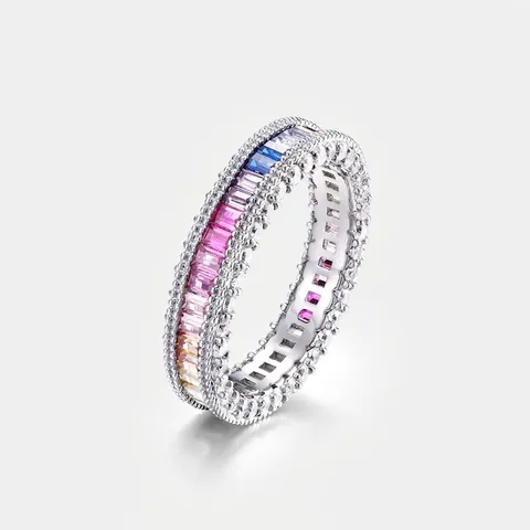 925 Sterling Silver Rainbow Zirconia Eternity Ring For Women Baguette Cut Multi Color Inlaid Jewelry Fashion Band Gift