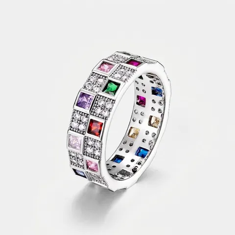 Anello a Scacchiera Arcobaleno in Argento Sterling 925 per Donna Moda Colorata Zirconia a Taglio Quadrato Anello Geometrico Gioielli