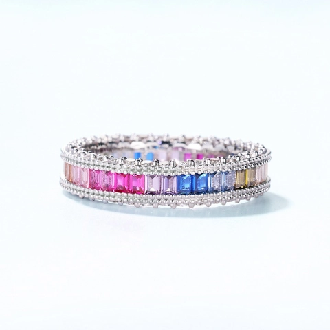 925 Sterling Silver Rainbow Zirconia Eternity Ring For Women Baguette Cut Multi Color Inlaid Jewelry Fashion Band Gift