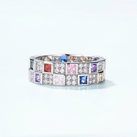 Anello a Scacchiera Arcobaleno in Argento Sterling 925 per Donna Moda Colorata Zirconia a Taglio Quadrato Anello Geometrico Gioielli