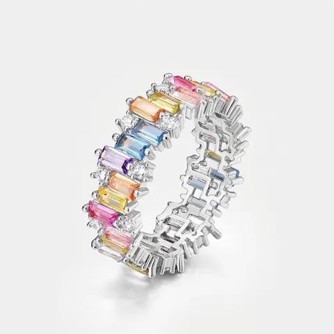 Anello in Argento Sterling 925 con Zirconia Colorata Rettangolare Eternity Band Rainbow Irregolare per Donna Gioielli di Moda