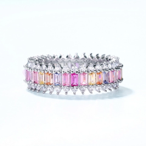 Rainbow Zirconia 925 Sterling Silver Eternity Ring For Women Minimalist Single Row Colorful Gemstone Fashion Jewelry Gift