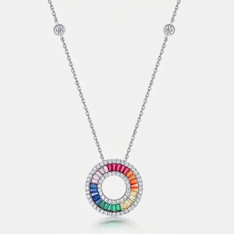 Collana con Ciondolo a Cerchio Arcobaleno in Argento Sterling 925 per Donna con Zirconia Colorata Intarsiata Gioielli alla Moda