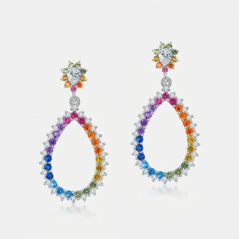 Fashion 925 Sterling Silver Rainbow Zirconia Waterdrop Earrings Gradient Multicolor Cubic Zirconia Drop Earrings For Women