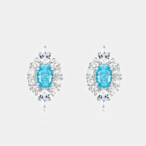 Orecchini a Bottone in Argento Sterling 925 Zirconia Blu Chiaro Vintage Ovale Grappolo Intarsiato Gioielli Donna Regalo