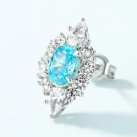 Orecchini a Bottone in Argento Sterling 925 Zirconia Blu Chiaro Vintage Ovale Grappolo Intarsiato Gioielli Donna Regalo