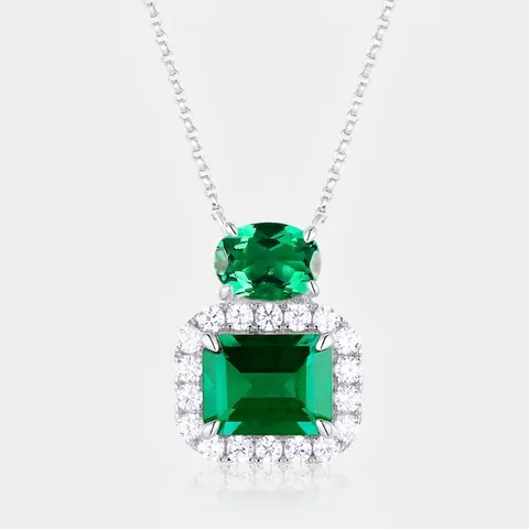 Vintage 925 Sterling Silver Lab-Created Emerald Pendant Necklace For Women Emerald Cut Green Zirconia Halo Setting Jewelry