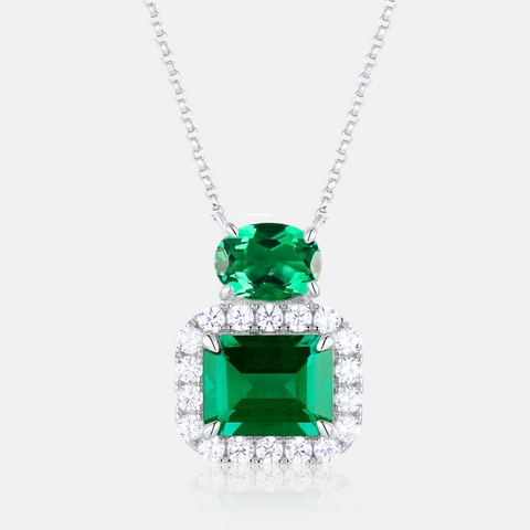 Vintage 925 Sterling Silver Lab-Created Emerald Pendant Necklace For Women Emerald Cut Green Zirconia Halo Setting Jewelry
