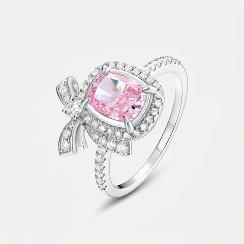 Anillo de Plata de Ley 925 con Lazo Piedra Rosa para Mujer Elegante Lujo Incrustado Strass Halo Corte Cojín Joyería Anillo