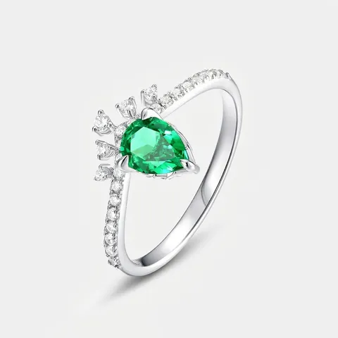Lujoso Anello de Corona de Strass Verde Esmeralda Corte de Pera de Plata de Ley 925 Joyería de Moda en V para Mujer Citas