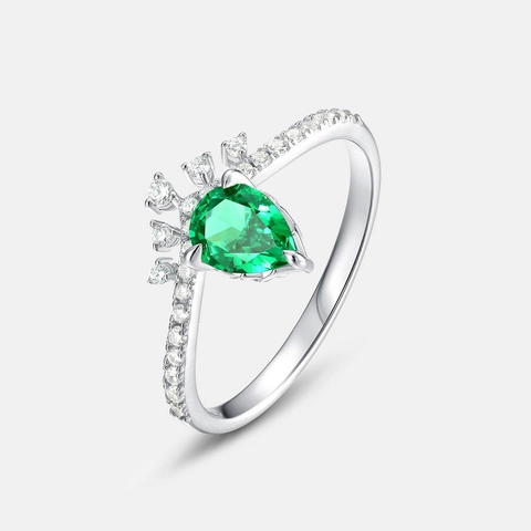 Lujoso Anello de Corona de Strass Verde Esmeralda Corte de Pera de Plata de Ley 925 Joyería de Moda en V para Mujer Citas