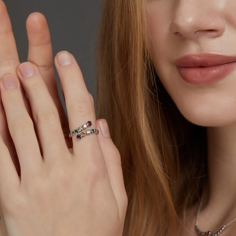 925 Sterlingsilber Regenbogen Blasenring Für Damen Eingelegter Bunter Zirkonia Verstellbarer Bypass Ring Mode Schmuck
